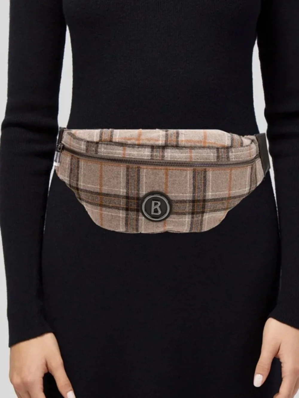 BOGNER Monte Plaid Belt Bag Fanny Pack Crossbody Brown Gunmetal Hardware NWOT